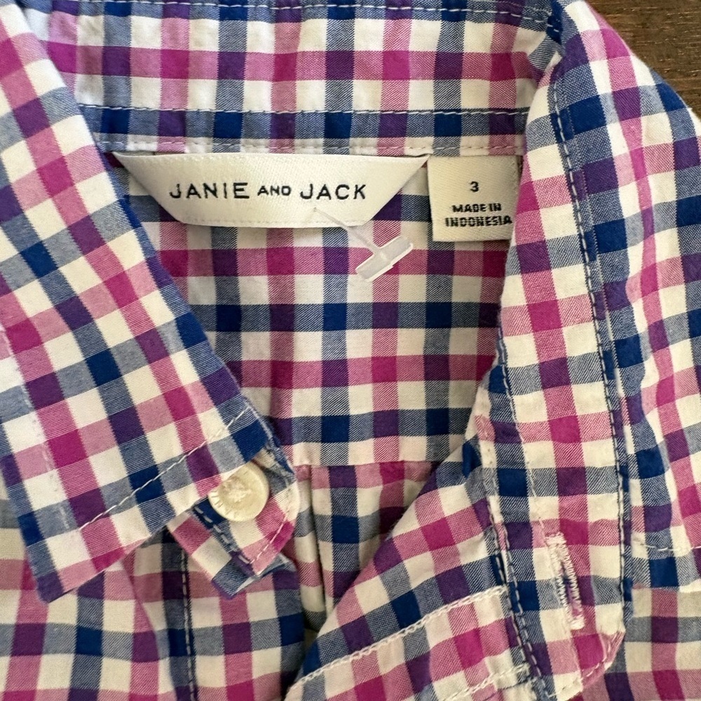Janie and Jack Plaid Poplin Button Down Shirt Size 3 - Picture 3 of 4